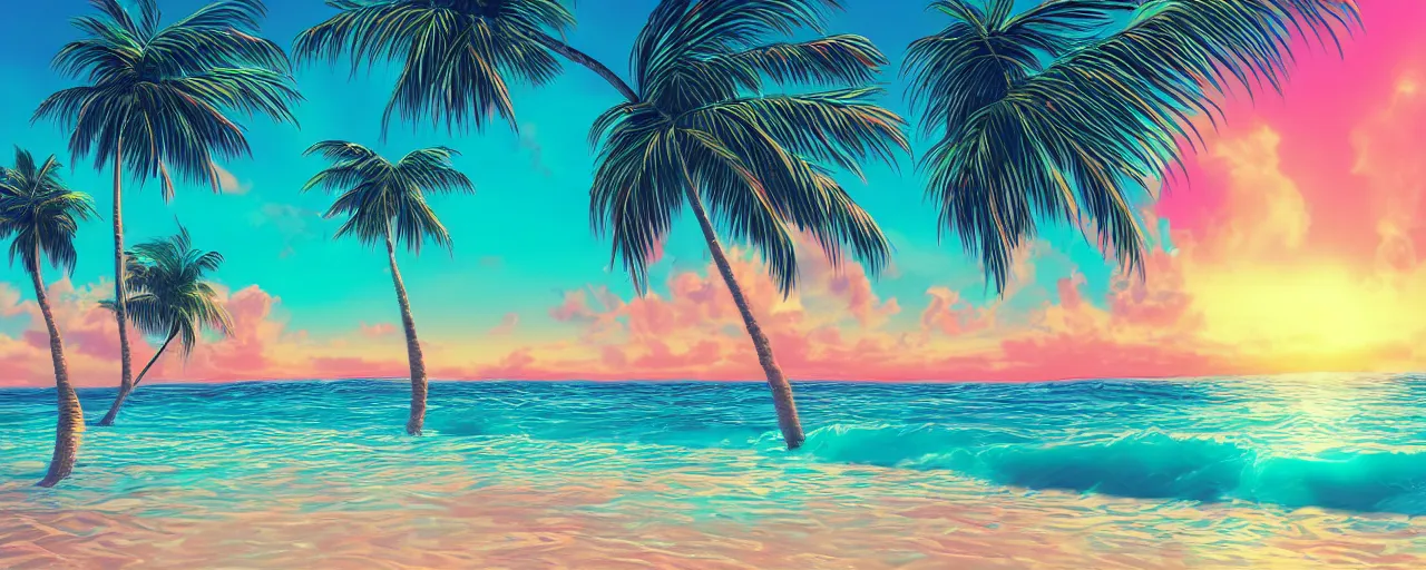 Prompt: A highly detailed wallpaper of a vaporwave beach at sunset in vaporwave style, sun, ocean, palm trees, artstation, cgsociety, masterpiece