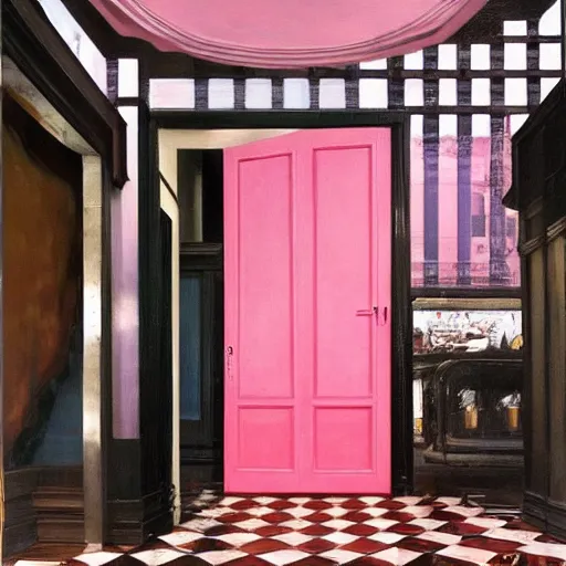 Image similar to diego dayer, hyperrealistic surrealism, award winning masterpiece with incredible details, a surreal vaporwave painting of pink door leading to a teal room, mirrors everywhere, highly detailed, hallway with black and white checkered floor, intricate, elegant