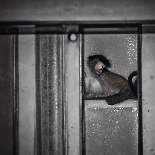 Prompt: capuchin monkey sleeping in train compartment room, rainy window, night time, night, midnight, 3 0 mm photo