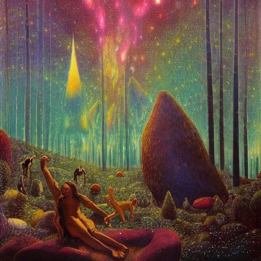 Prompt: psychedelic amber eyes lush pine forest, outer space, milky way, designed by arnold bocklin, jules bastien - lepage, tarsila do amaral, wayne barlowe and gustave baumann, cheval michael, trending on artstation, star, sharp focus, colorful refracted sparkles and lines, soft light, 8 k 4 k