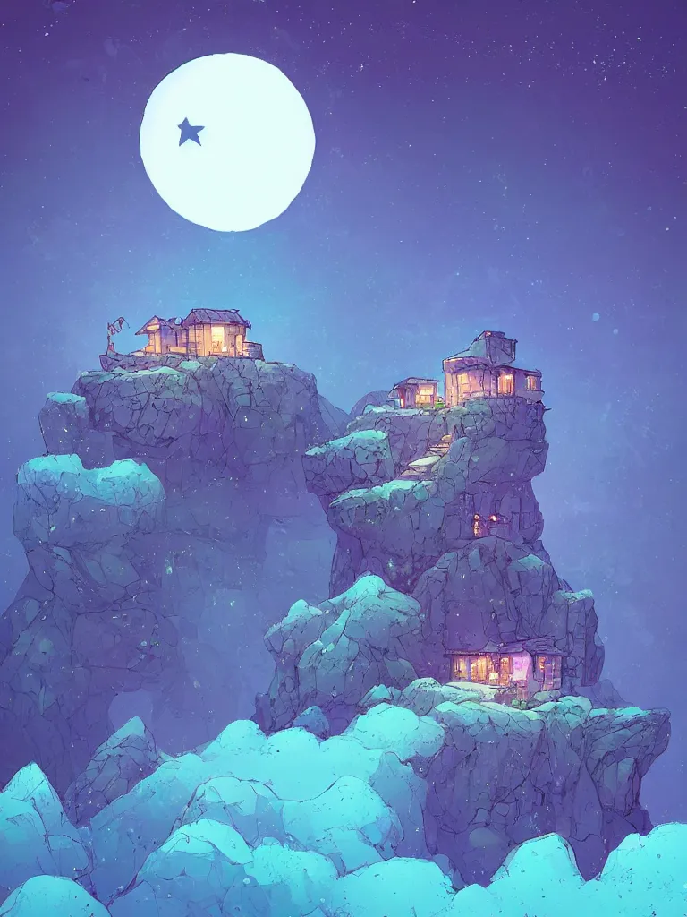 Image similar to a digital art of a small house on the cliff, a huge icy blue moon, a purple sky full of small stars, by laurie greasley, artstation, studio ghibli color scheme, light effect, highly detailed, by anton fadeev