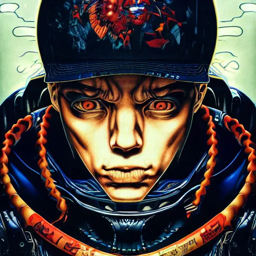 Image similar to portrait of crazy eminem, symmetrical, by yoichi hatakenaka, masamune shirow, josan gonzales and dan mumford, ayami kojima, takato yamamoto, barclay shaw, karol bak, yukito kishiro, areuz