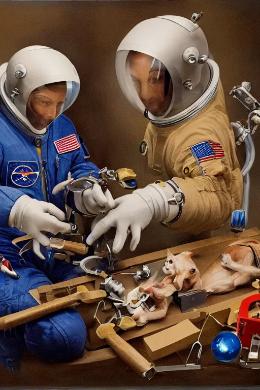 Prompt: a hyperrealistic portrait of two astronauts performing open heart surgery on a box of dogs with tools made of glass , 8k