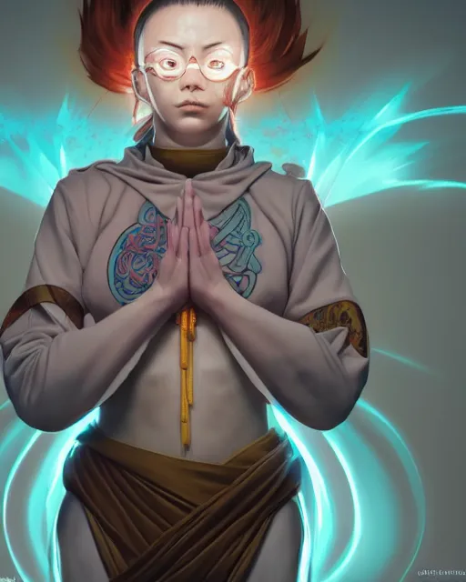 Prompt: a praying monk floating and wrapped in arcane energy, smooth, intricate, elegant, digital painting, artstation, power runes, pulsing energy, concept art, sharp focus, octane render, illustration, art by shintaro kago and josan gonzalez, overwatch character,