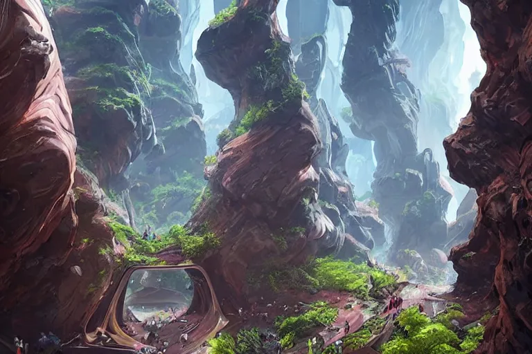 Image similar to futuristic cyberpunk city with lush garden located on rgb Antelope canyon, rocks formed by water erosion, beautiful smooth sandstone in unique shapes with light beams that shine through its walls, polish narrow slots of walls into a striated swirling finish, digital painting, concept art, smooth, sharp focus, from Star Trek 2021, illustration, by WLOP and Ruan Jia and Mandy Jurgens and William-Adolphe Bouguereau, Artgerm