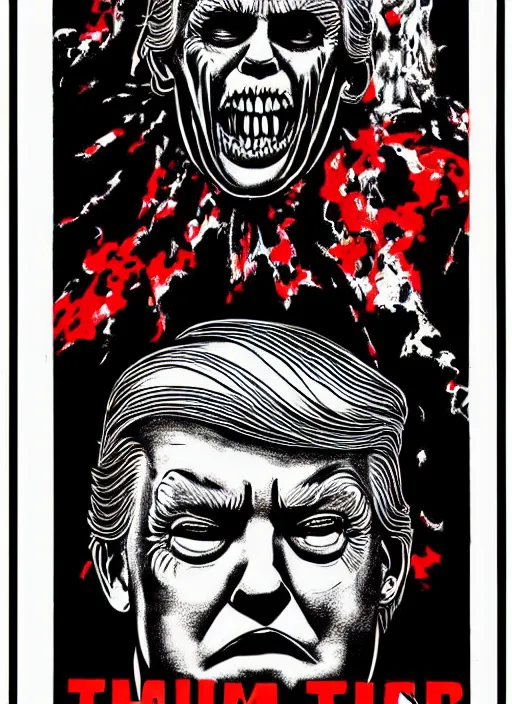 Prompt: Donald Trump's disgusting true form on a 1980s horror movie poster, inking, vintage 80s print, detailed, scary, horror, screen print, trending on artstation