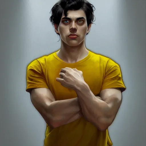 Prompt: ultra realistic illustration, a young man with black hair, in a yellow t - shirt, with blue eyes, highly detailed, digital painting, artstation, concept art, smooth, sharp focus, illustration, art by artgerm and greg rutkowski and alphonse mucha