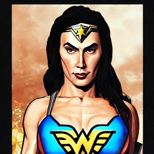 Image similar to nic cage as wonder woman, buff, painted portrait, highly detailed,