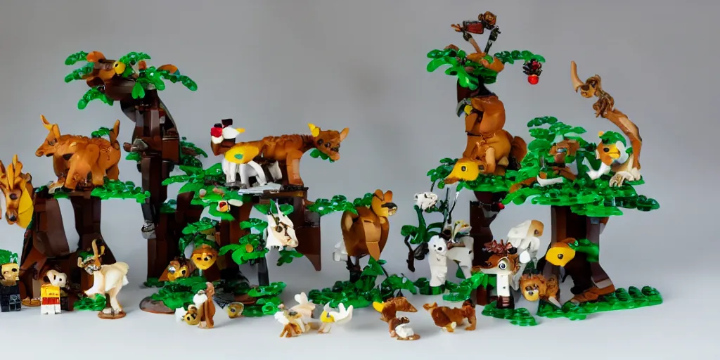 Image similar to lego mini build of forest creatures that live in the imagination forest, cute looking, kawaii, sharp focus, character sheet, game concept art