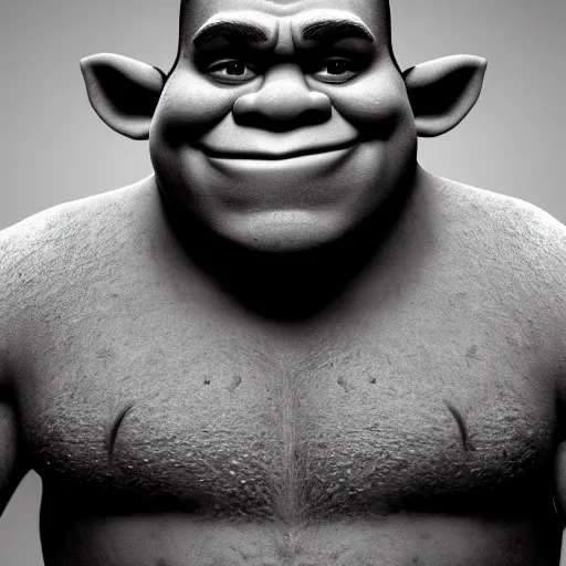 Prompt: black and white photographic portrait of shrek, harsh lighting, 8k, high definition, detailed, 4k, artistic