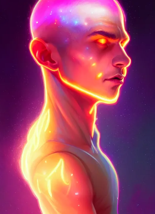 Image similar to a male faceless glowing liquefied stardust adventurer, dnd fantasy character, full body portrait, glowing neon skin, magical aura, ultra realistic, intricate, elegant, highly detailed, digital painting, artstation, smooth, sharp, focus, illustration, art by artgerm and greg rutkowski and alphonse mucha