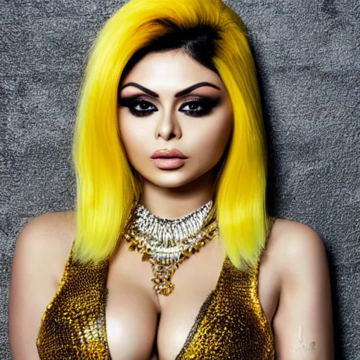 Prompt: portait of haifa wehbe, yellow hair, hd, centred