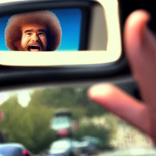 Image similar to a tiny screaming bob ross chasing you in rear view mirror