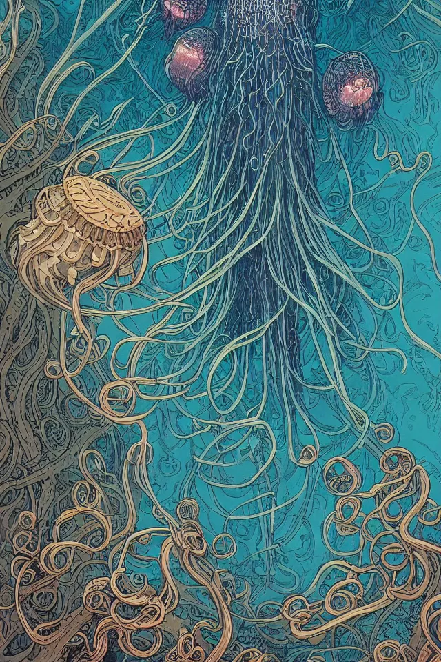 Prompt: a beautiful ultradetailed comic cover art of gigantic glowing layered intricate jellyfish creatures with long flowing tendrils, by Laurie Greasley and Peter Mohrbacher and Quentine Mabilles and Dan Mumford, tarot card art, detailed shading, micro details, dramatic lighting, volumetric lighting, 8k