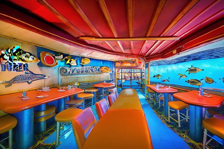 Image similar to 2 0 1 5 fish themed underwater american diner, googie architecture, two point perspective, americana, fishcore, restaurant interior photography, 8 5 mm, photo by jeff brouws