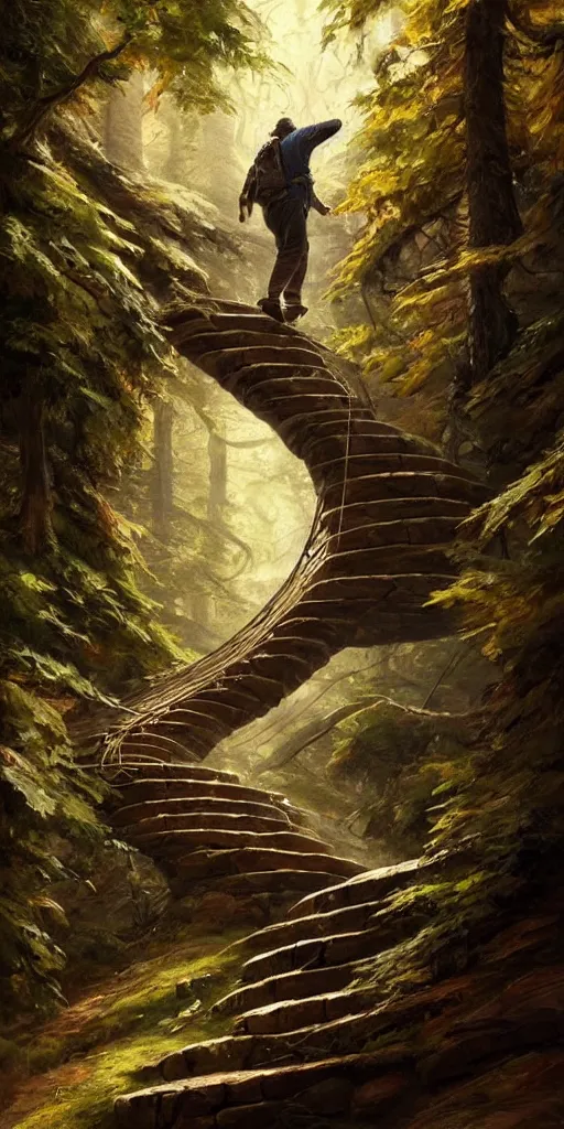 Prompt: a man walking up a steep and impossible staircase, in beautiful woods, intricate, elegant, highly detailed, oil painting, artstation, concept art, sharp focus, beautiful illustration, cgsociety, by justin gerard and artgerm, 4 k