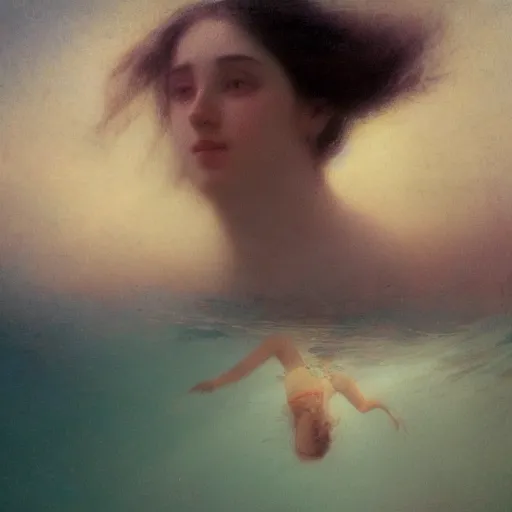 Prompt: a woman swimming underwater by Ivan Aivazovsky and Odilon Redon, skin flaking off like burnt paper, different colored multicolored eyes, long flowing hair underwater, imagination cosmic dream, dreamy, 8k bokeh, award winning , trending on artstation,