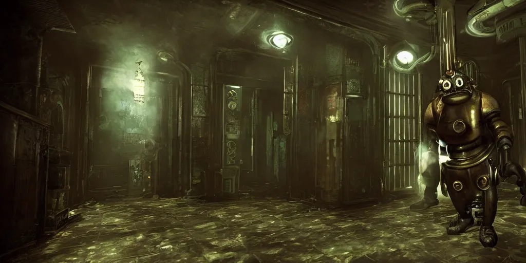 Image similar to bioshock big daddy bouncer in a dark hallway, grimy, grungy, rapture.