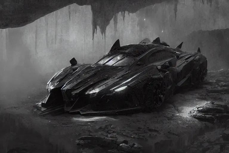 Prompt: the batmobile standing in a very dark and wet cave. highly detailed. intricate. mist. atmospheric. octane render. rim light. photoreal. 8 k. monochrome. cinematic. matte painting imagined by craig mullins and greg rutkowski. concept art, trending on artstation.