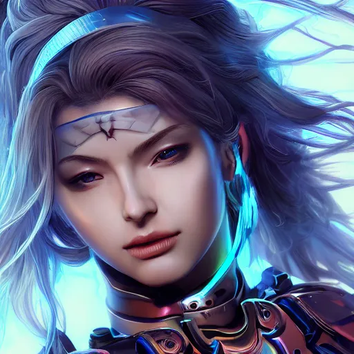 Image similar to studio portrait of lawful good colorful female holy mecha paladin absurdly beautiful, elegant, young sensual graceful woman, ultrafine hyperrealistic detailed face illustration by kim jung gi, irakli nadar, intricate linework, sharp focus, bright colors, matte, octopath traveler, final fantasy, unreal engine highly rendered, global illumination, radiant light, intricate environment