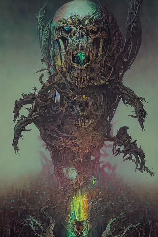 Prompt: evil gigantic alien skull lord of death, fantasy painting, ultra realistic, wide angle, art nouveau, intricate details, rainbowshift, vivid colors, highly detailed by peter mohrbacher, h. r. giger, maxfield parrish, aaron horkey, gaston bussiere, craig mullins