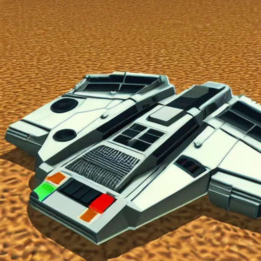Image similar to screenshot from a Nintendo 64 game featuring the millennium falcon, low polygon, 90s video game aesthetic
