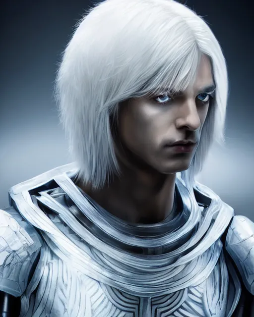 Image similar to perfect white haired egyptian male god, brute, nanosuit armor, beautiful, symmetric, dreamy, half african, black salamander eyes, charlize theron, detailed, scifi platform, laboratory, experiment, 4 k, ultra realistic, epic lighting, android body, illuminated, cinematic, masterpiece, art by akihito tsukushi, voidstar