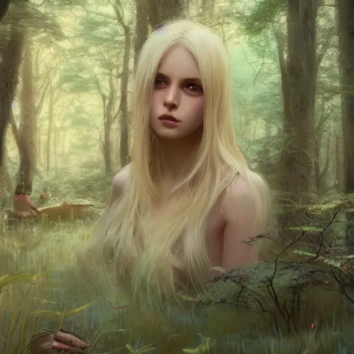 Image similar to blonde woman inside fairy forest, digital art, photorealistoc, art by greg rutkowski, hyperdetailed, western comic style, comic, comic style, sharp lineart, professional lighting, deviantart, artstation, trevor henderson, rossdtaws, cinematic, dramatic