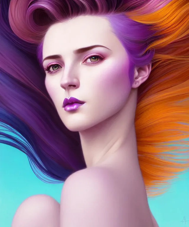 Prompt: Portrait of a woman with bright colored flying hair, all shades of purple. Hair coloring, beautiful lips and makeup. Hair fluttering in the wind. Sexy girl with short hair, intricate, elegant, highly detailed, digital painting, artstation, concept art, smooth, sharp focus, illustration, art by artgerm and greg rutkowski and alphonse mucha