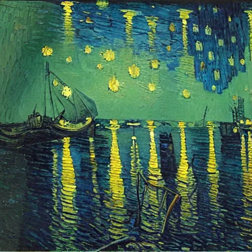 Image similar to oil painting of a flooded ship interior, light scatter, van gogh