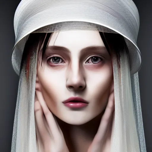 Prompt: a beautiful futuristic portrait with hat made by wires and white gauze twisted around her face, necklace made by wires and gauzes, design by leonardo davinci, inspired by egon schiele, modern art, baroque art, jewelry designer, new classic, hyper realistic, highly detailed, cinematic composition, cinematic lighting, fashion design, concept art, hdri, 4 k -