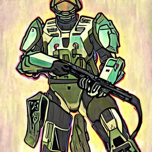 Prompt: master chief in the style of alphonse mucha
