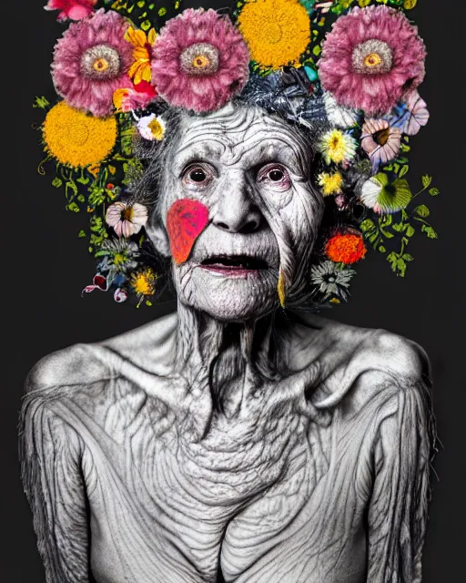 Prompt: a portrait of a beautiful fleshy old woman who is surprised she is still alive, covered in flowers in the style of guiseppe arcimboldo and james jean, covered in wispy gray hair with a hint of neon, mixed media, decollage, hd 3 d, 8 k