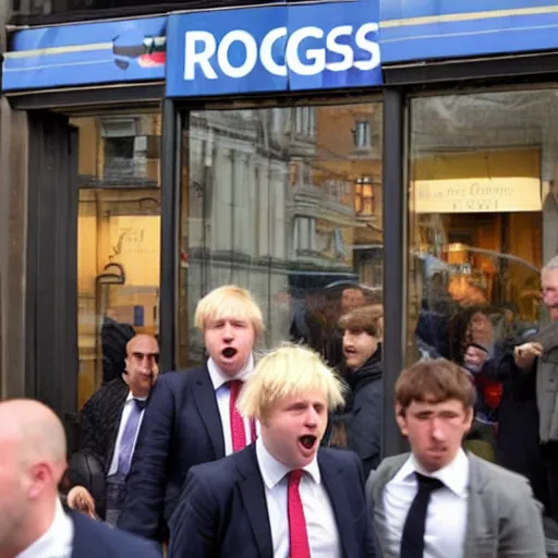 Prompt: many clones of boris johnson run riot inside a greggs