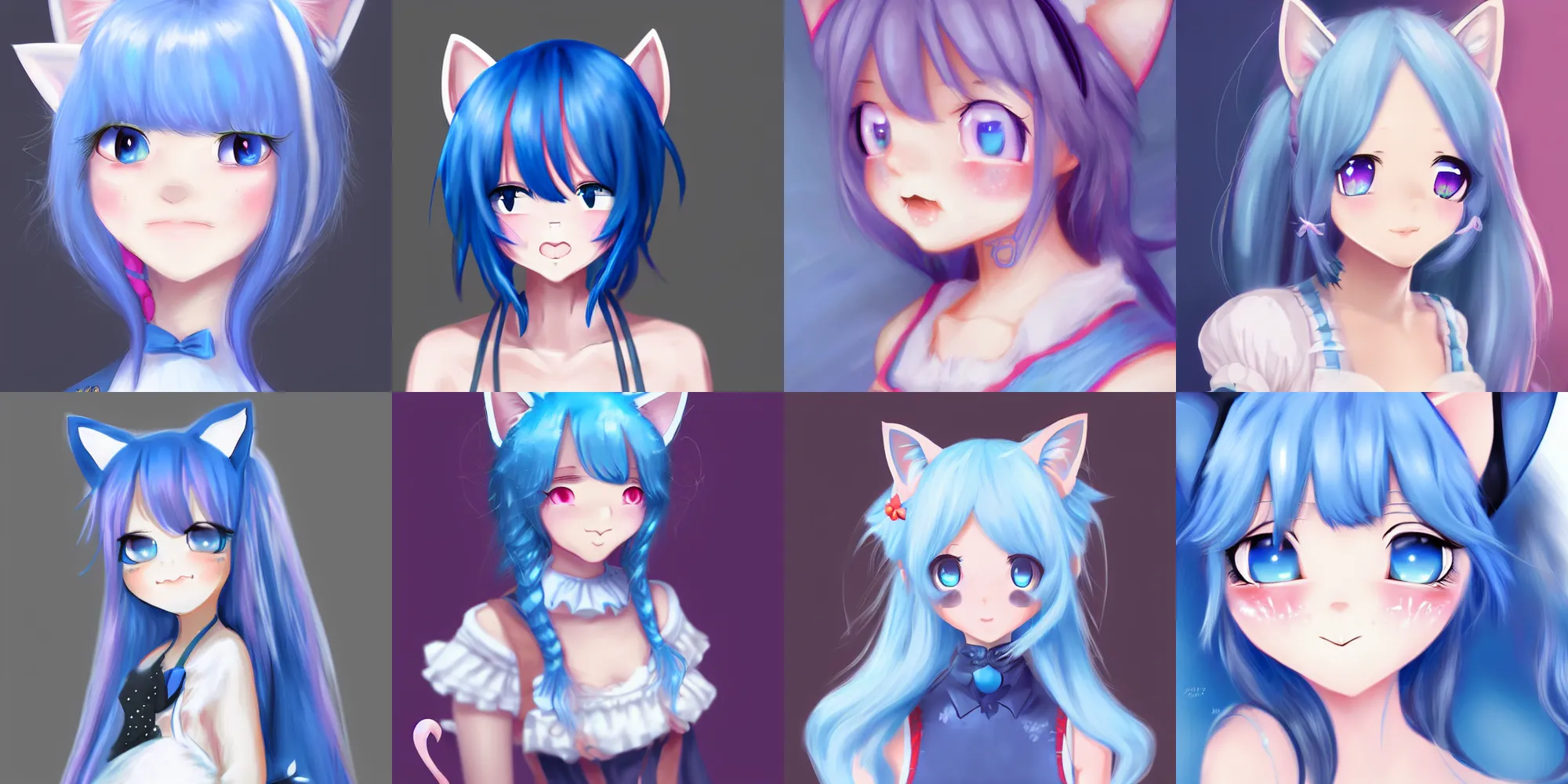 Prompt: very beautiful digital painting of a blushing blue-haired cat girl, neko, maid, wlop, trending on artstation