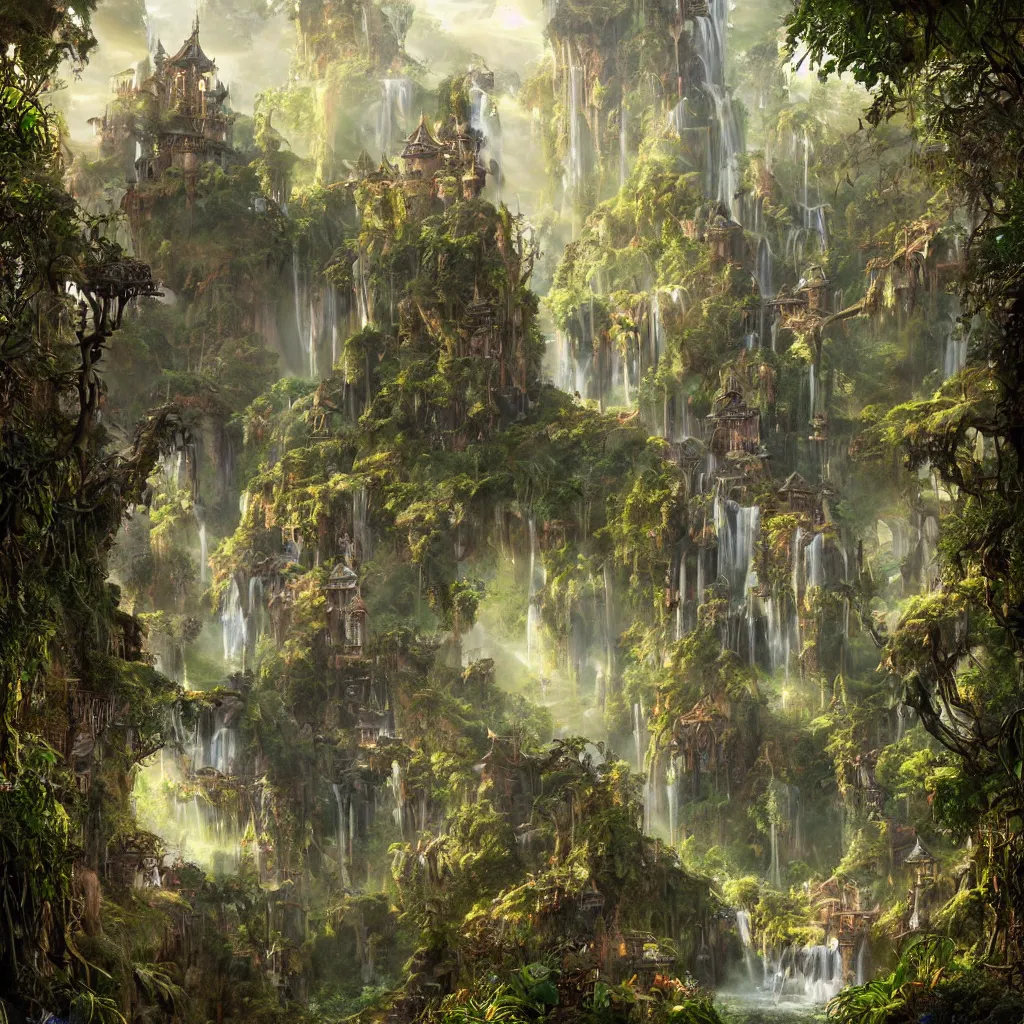 Image similar to fox in a fairy palace, castle towers, sunbeams, gothic towers, Japanese shrine waterfall, gold and gems, gnarly details, lush vegetation, forest landscape, painted by tom bagshaw, raphael lacoste, eddie mendoza, alex ross concept art matte painting
