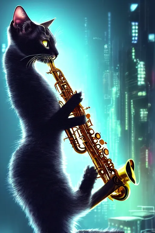 Image similar to high quality 3 d render very cute cyborg cat plays saxophone, cyberpunk highly detailed, unreal engine cinematic smooth, in the style of blade runner & pixar, hannah yata charlie immer, moody light, low angle, uhd 8 k, sharp focus