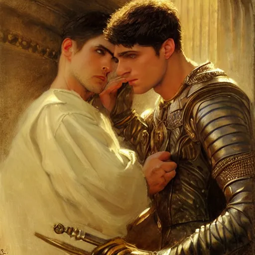 Image similar to attractive male arthur pendragon confesses his love to attractive male merlin. highly detailed painting by gaston bussiere, craig mullins, j. c. leyendecker 8 k