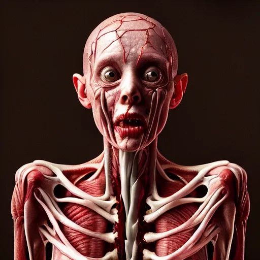 Image similar to female monster with translucent skin, visible muscles and veins and arteries and bones and spine and nerves, beautiful detailed intricate insanely detailed octane render, 8K artistic photography, photorealistic, chiaroscuro, by David Cronenberg, Raphael, Caravaggio
