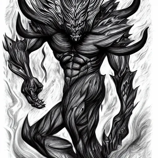 Prompt: full body grayscale drawing by Anato Finnstark of muscled horned humanoid beast, swirling flames