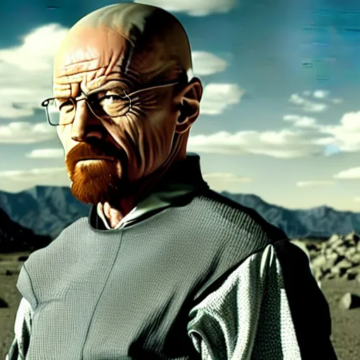 Image similar to Film still of Walter White in cybernetic battle armor in new futuristic futuristic Breaking Bad movie, highly detailed, 4k