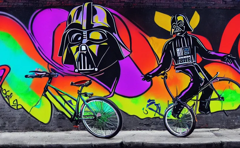 Prompt: psychedelic graffiti art of Darth Vader riding a unicycle, 4k wallpaper