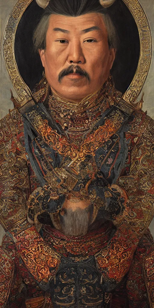 Image similar to a stunning and noble highly detailed romantic period style portrait of Genghis Khan by Josep Tapiró Baró, trending on artstation, oil painting masterpiece, symmetry, fractals, Mongolian iconography