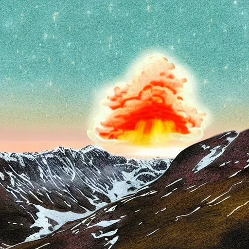 Image similar to digital artwork of nuclear explosion over a small quaint town in the swedish alps