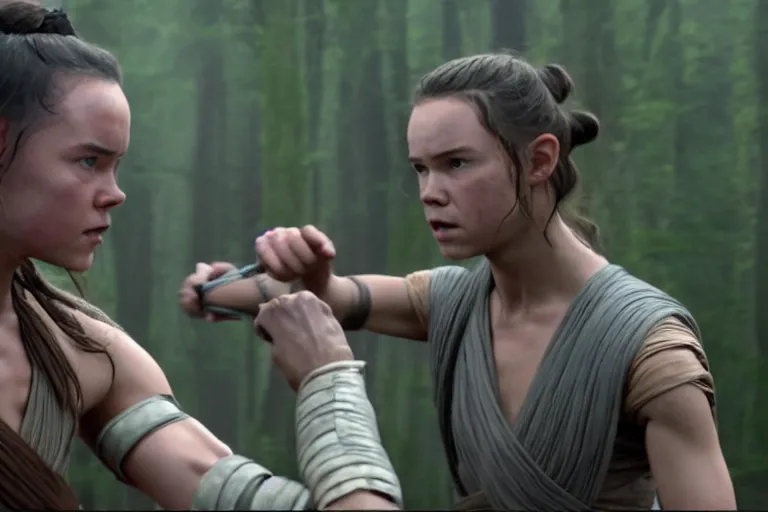 Image similar to Star Wars, Rey Skywalker trains Finn to be come a jedi after the events of the rise of skywalker ultra realistic, 4K, movie still, UHD, sharp, detailed, cinematic