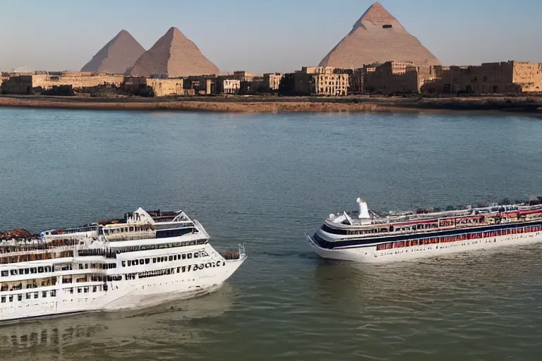 Prompt: realistic photo of the river nile, with the pyramids of giza in the background, a river flowing through the scene, cruise ship in the foreground, sun blazing in the sky