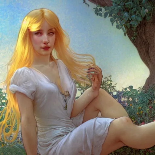 Prompt: A young woman with blonde long hair and bangs in shorts and white shirt drawn by Donato Giancola and Julie Bell and frank frazetta and alphonse mucha, background by James Jean and gustav klimt, 4k, volumetric lighting, french nouveau, trending on artstation, octane render, hyperrealistic