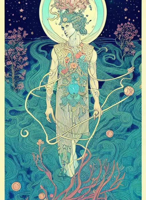Image similar to beautiful tarot illustration of apollo, in the style of james jean and victo ngai, mystical colors, trending on artstation