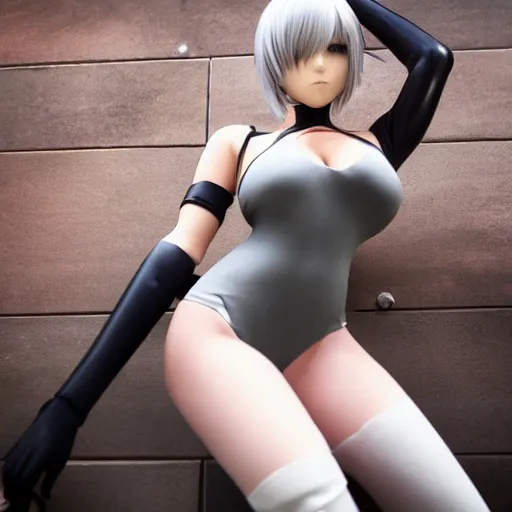 Image similar to photo of 2B nier automata wearing skintight clothes, bokeh, medium full shot, highly detailed skin and detailed face, flares, multicolor smoke