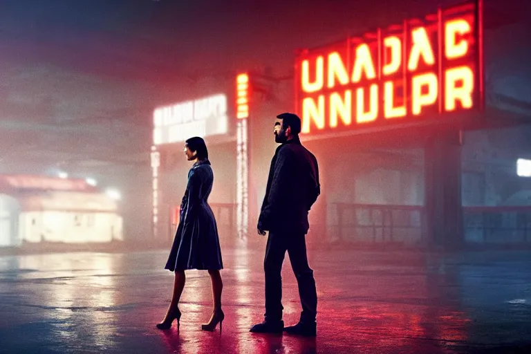 Image similar to film still of closeup beautiful model indian couple in blade runner 2 0 4 9, train station, cinematic, moody, gritty neon noir by emmanuel lubezki